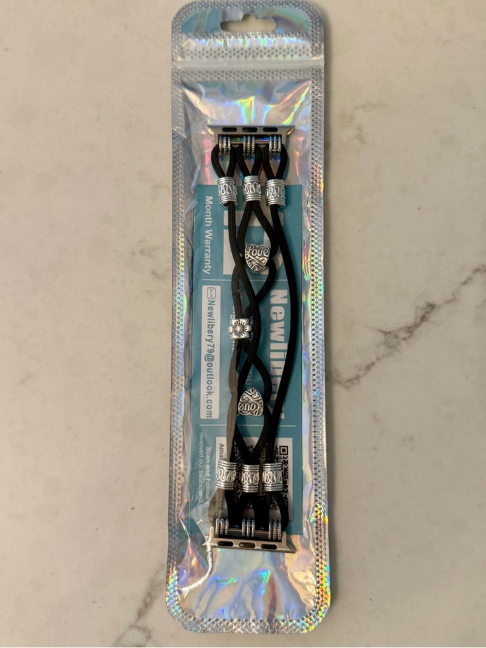 Black Braided Nylon Watch Band with Boho Silver Bead Accents